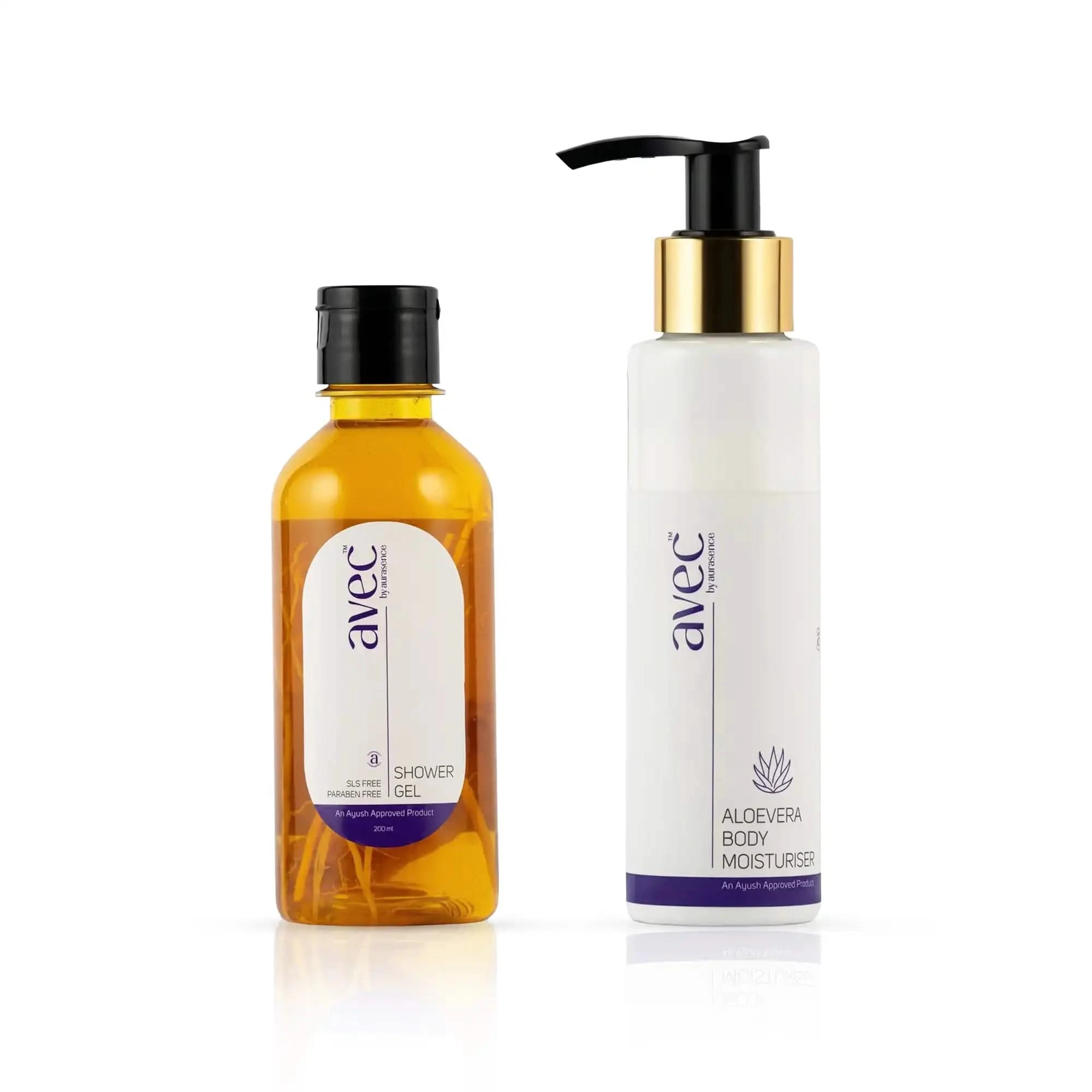 Two bottles of 'avec' products on a white background