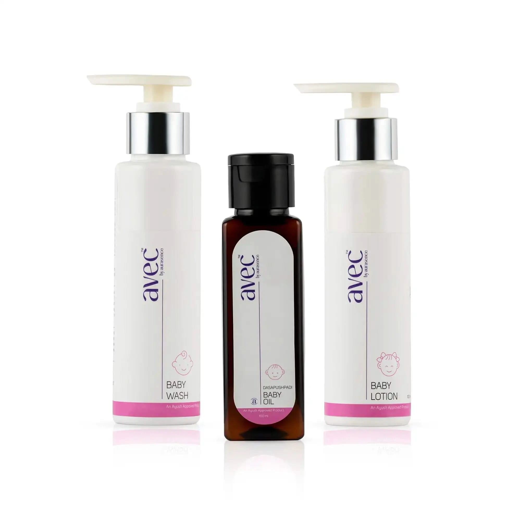 Three baby care products from the brand 'avec' on a white background