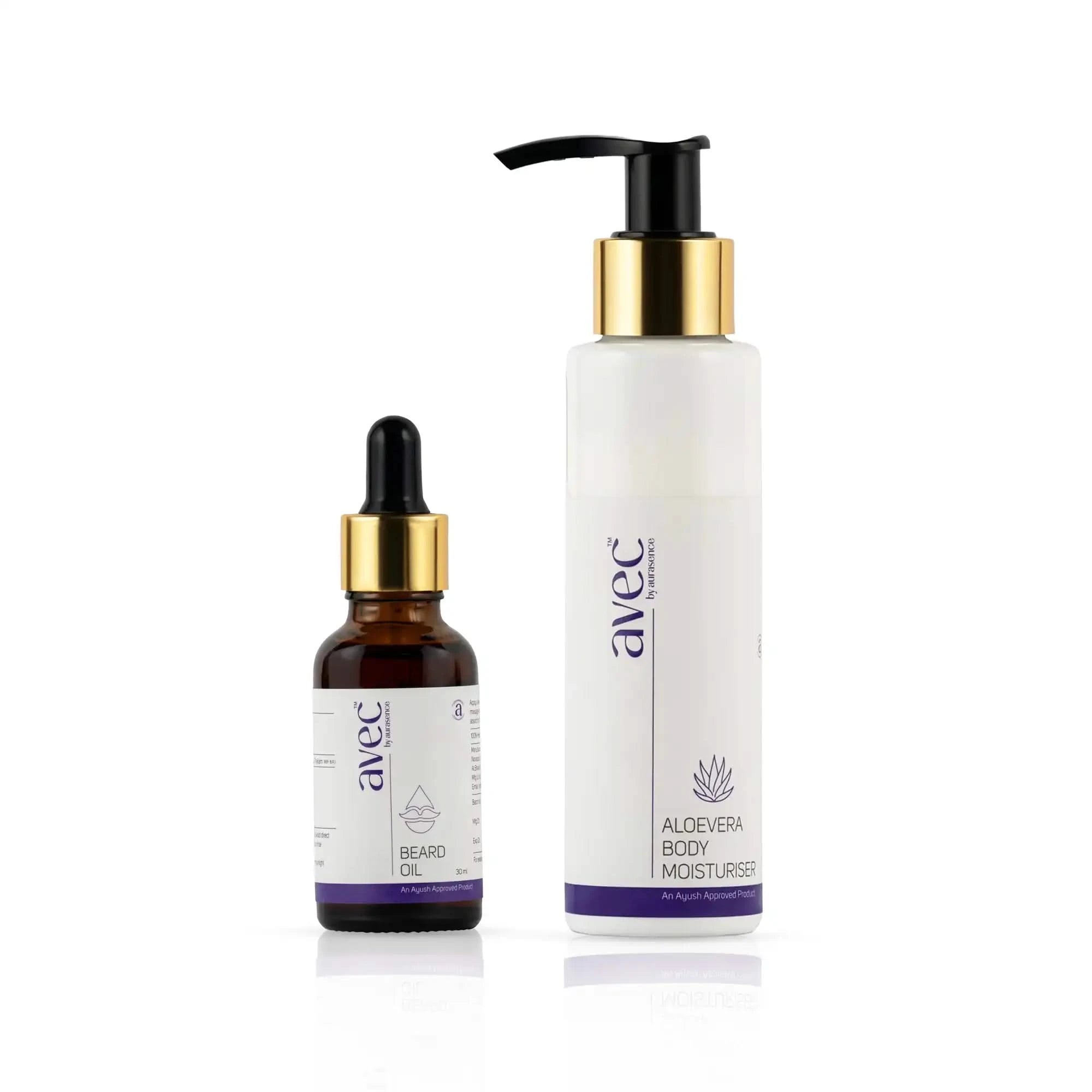 Two Avec products on a white background, one dropper bottle and one pump bottle.
