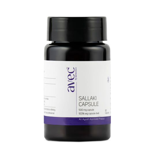 A bottle of AVEC Sallaki 500mg Tablets with the label displaying the product