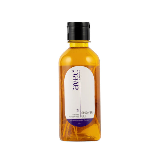 A bottle of AVEC Turmeric Roots Revitalizing Shower Gel