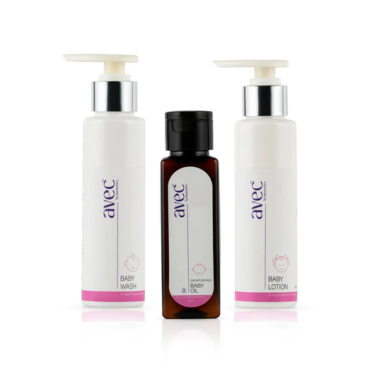 AVEC Baby Care Essentials Combo – Ayurvedic Massage Oil + Natural Baby Lotion + Gentle Baby Wash | Daily Skincare for Newborns | Paraben-Free, Hypoallergenic (3 x 100ml)