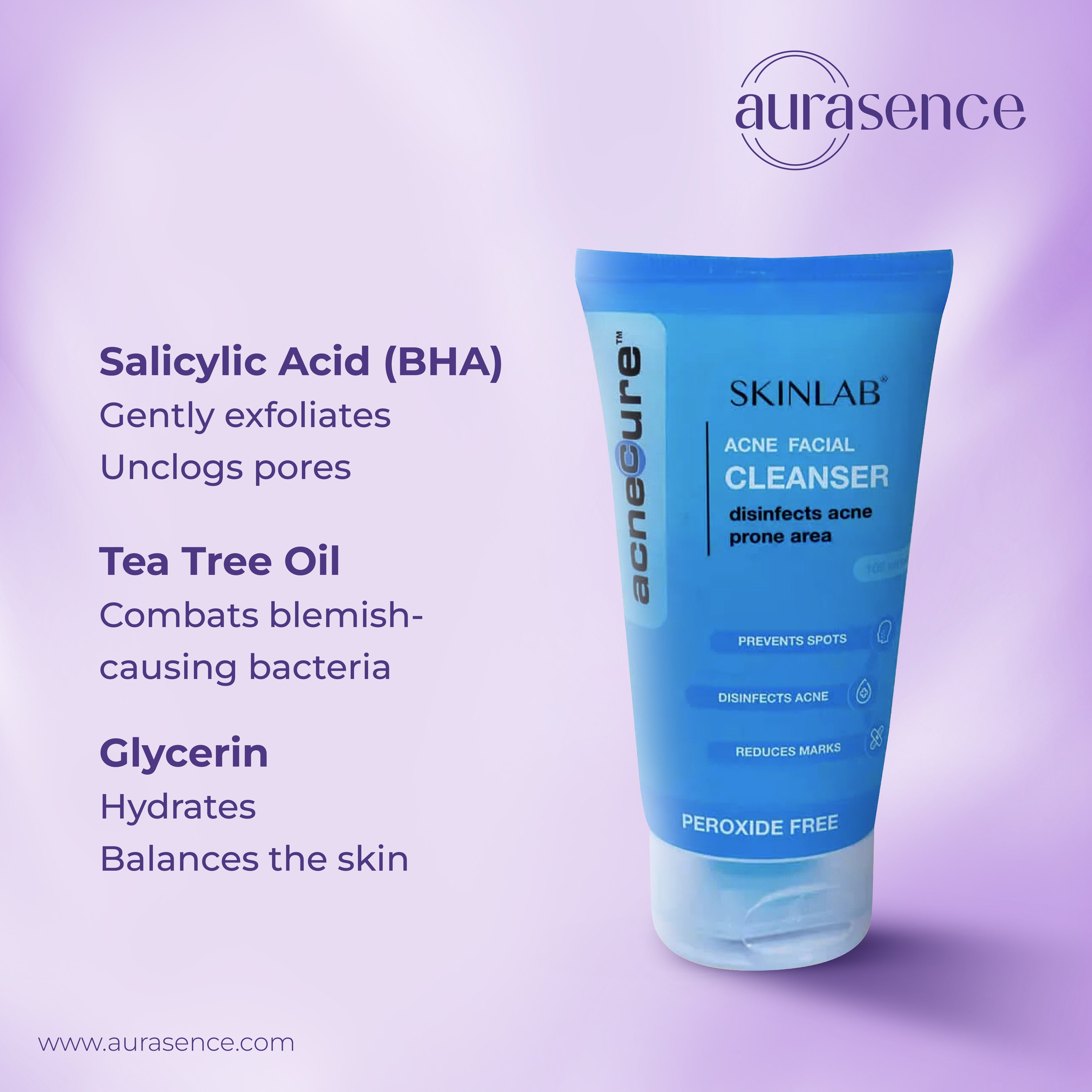 SKINLAB COMBO PACK Acne Facial Cleanser + Acne Treatment Gel Advanced Formula Peroxide Free, Remove Spots, Prevent Scars, Reduced Blemish, 100ml & 30ml