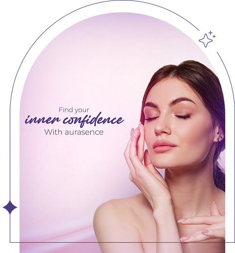 Woman with closed eyes and hand on face against a pink background with text 'Find your inner confidence With aurasence'.