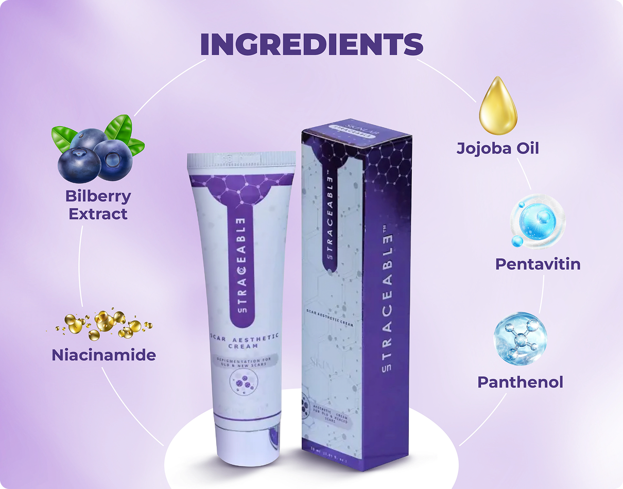Traceable skin cream with its packaging and ingredients on a purple background