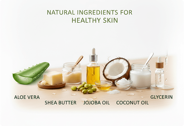 Collection of natural ingredients for healthy skin on a light background