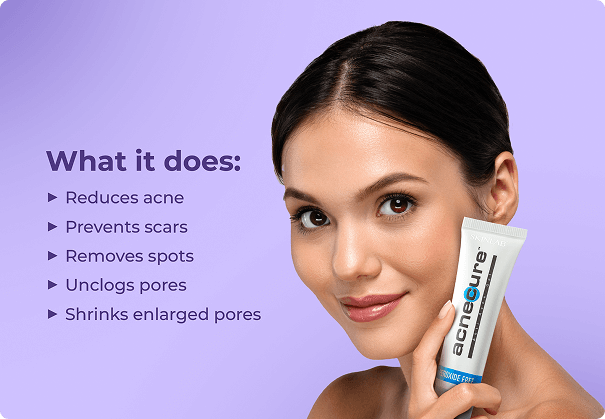 Woman holding Acnecure product with list of benefits
