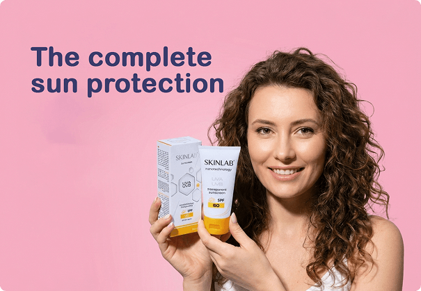 Model showcasing Skinlab SPF 50 sunscreen for UV protection